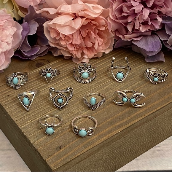 11 Pcs Tribal Silver Turquoise Gem Ring Set - Picture 8 of 16